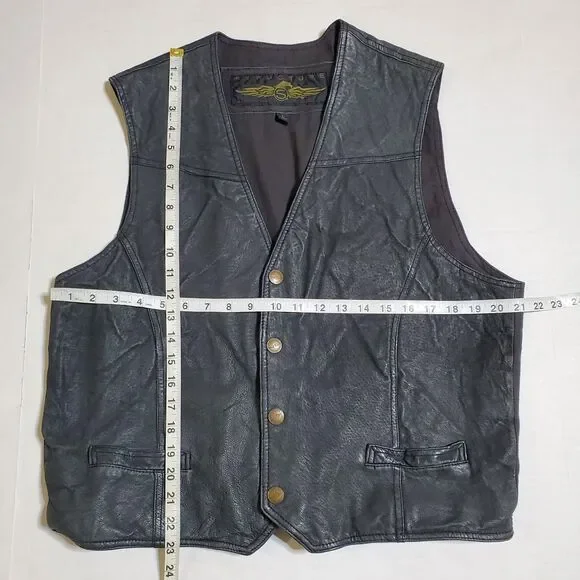 Vintage 90’s Structure Black Leather Snap Biker Vest Size L Mens - Picture 6 of 9